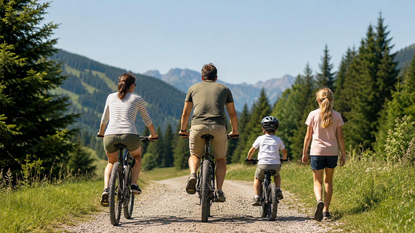 Family group cycling and walking together on a sunny mountain resort path