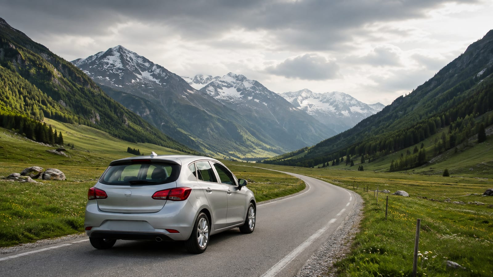Silver car on alpine road through green mountain valley