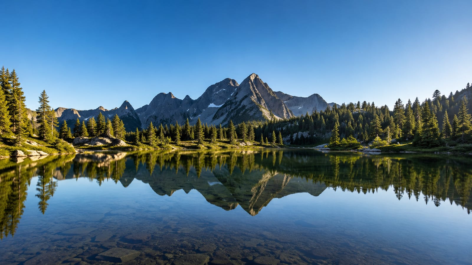 Calm alpine tarn reflecting forested peaks on still morning