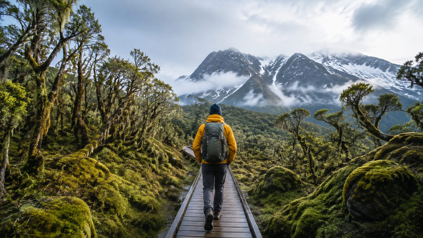 Hiker on mossy rainforest boardwalk facing distant mountain peaks
