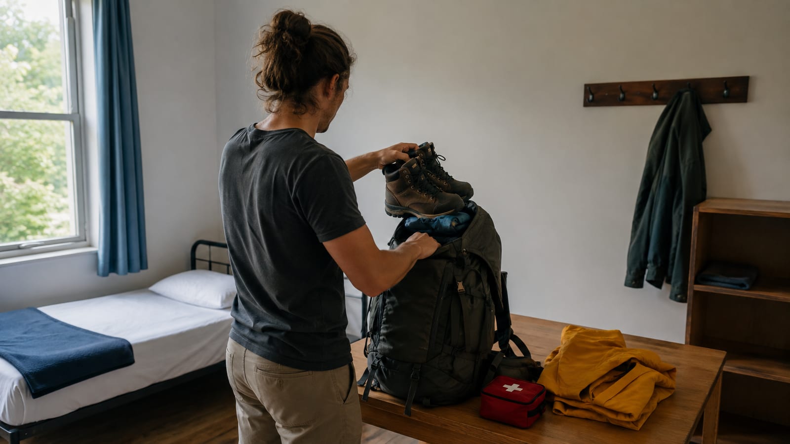 Solo working holiday traveler with backpack and rain gear preparing for outdoor employment