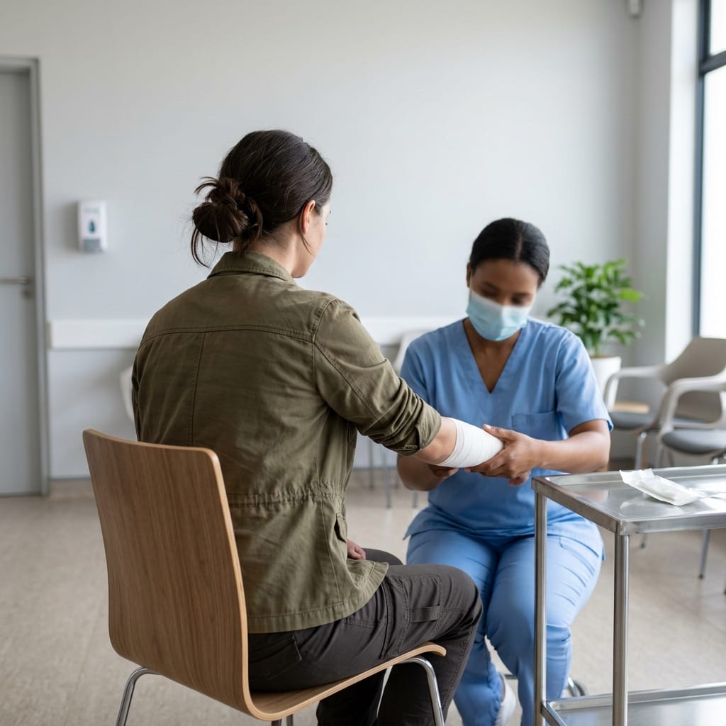 Working holiday traveler receiving care from medical professional in a clean clinic