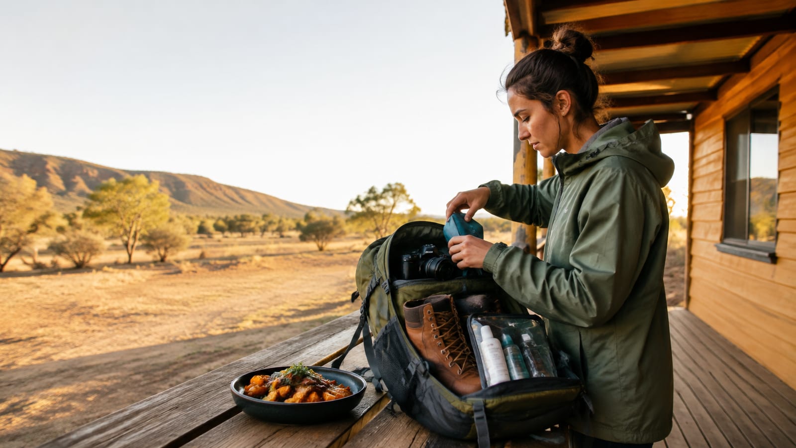 Backpacker securing valuable travel gear inside a durable pack before outdoor work