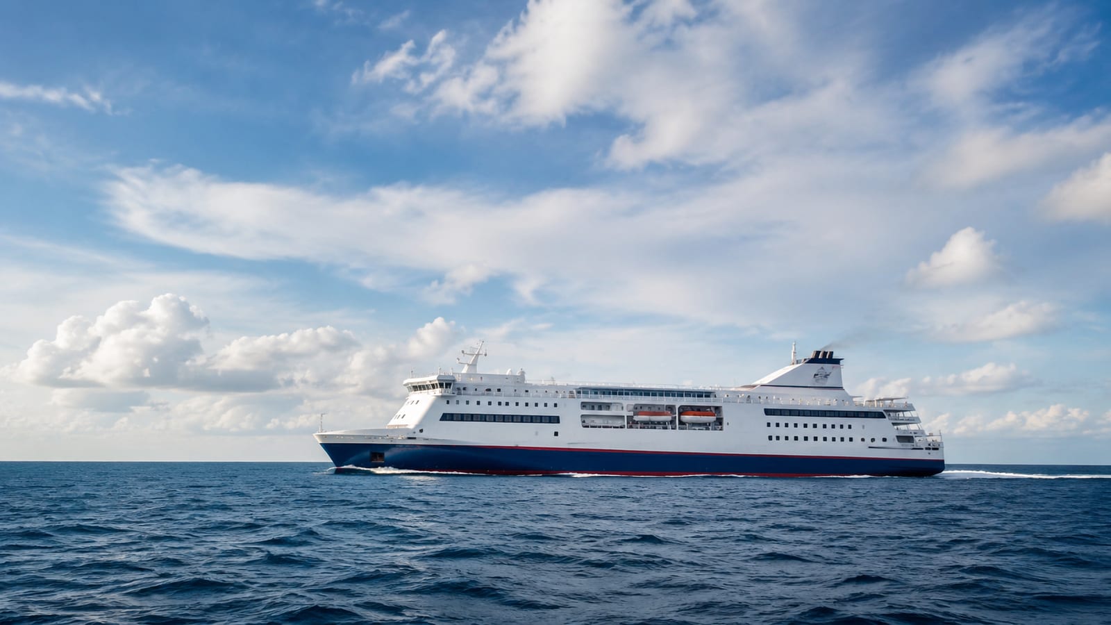 Large passenger ferry crossing cold open ocean beneath changing skies, viewed from shore