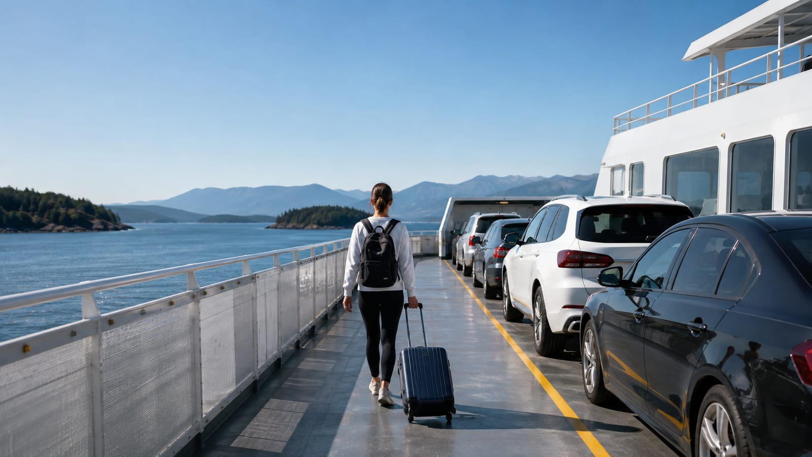 Ferry vehicle deck with parked cars and a foot passenger carrying compact luggage
