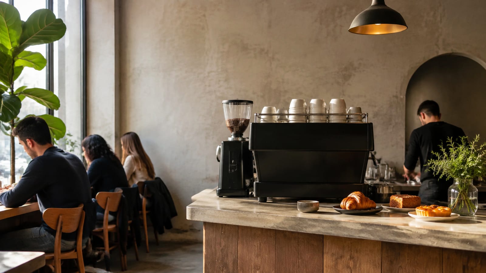 Specialty coffee counter with espresso machine, ceramic cups, grinder, and pastries in an urban cafe