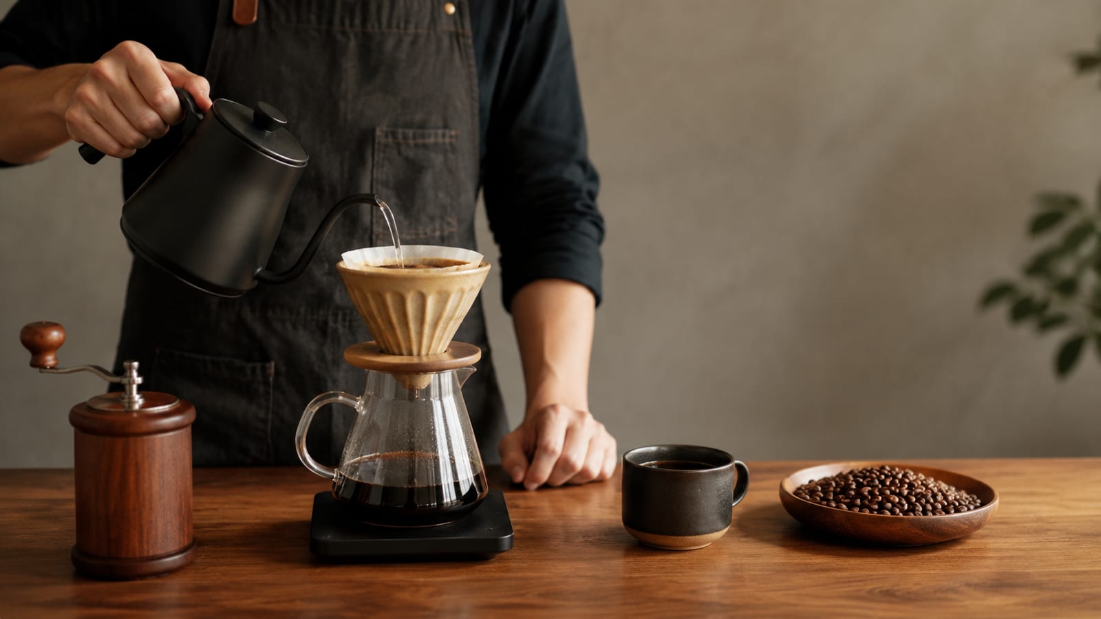 Barista hands preparing pour-over coffee beside fresh beans and an unbranded ceramic dripper