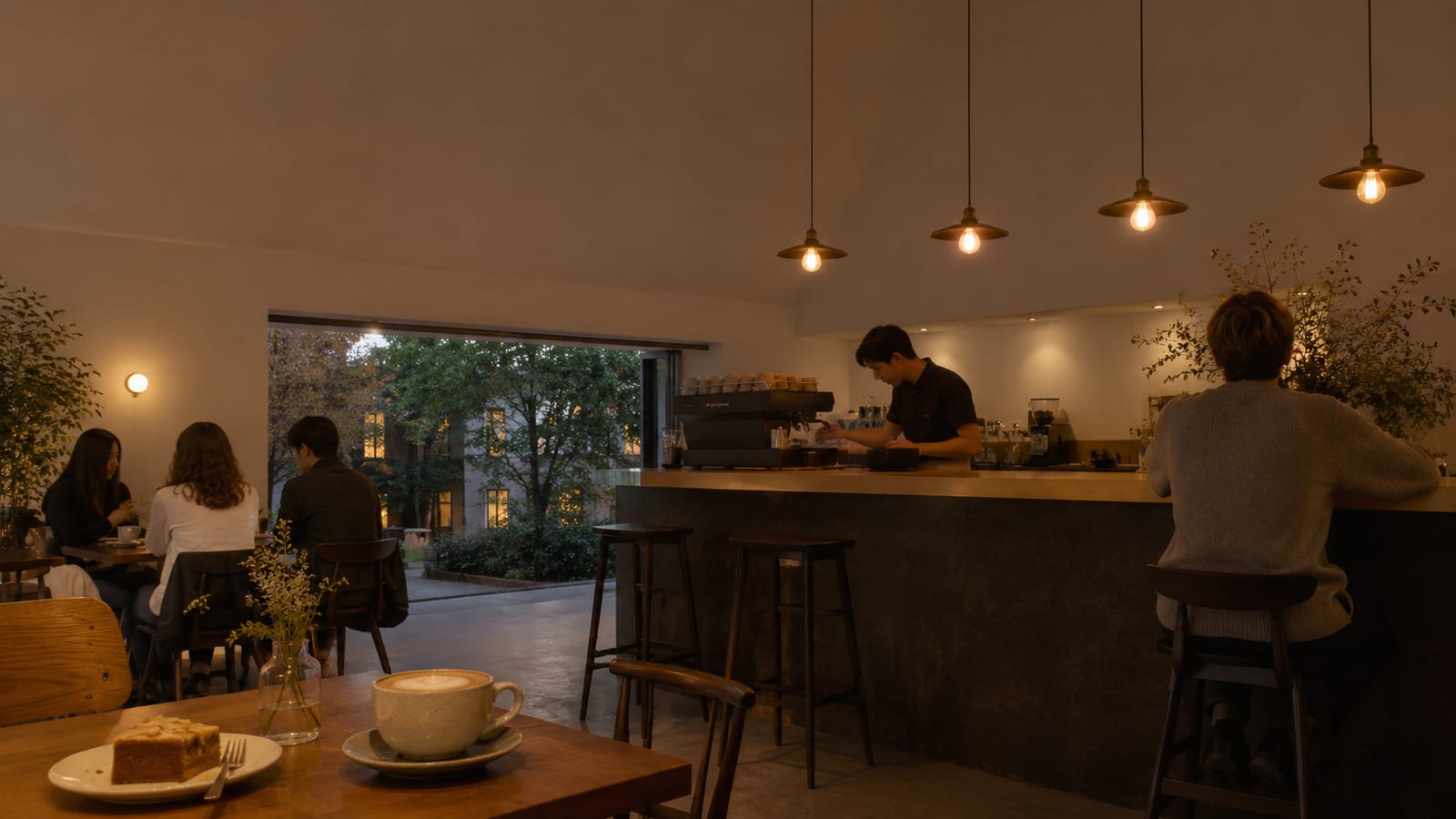 Warm evening cafe interior with coffee, low lighting, relaxed patrons, and an intimate neighborhood atmosphere