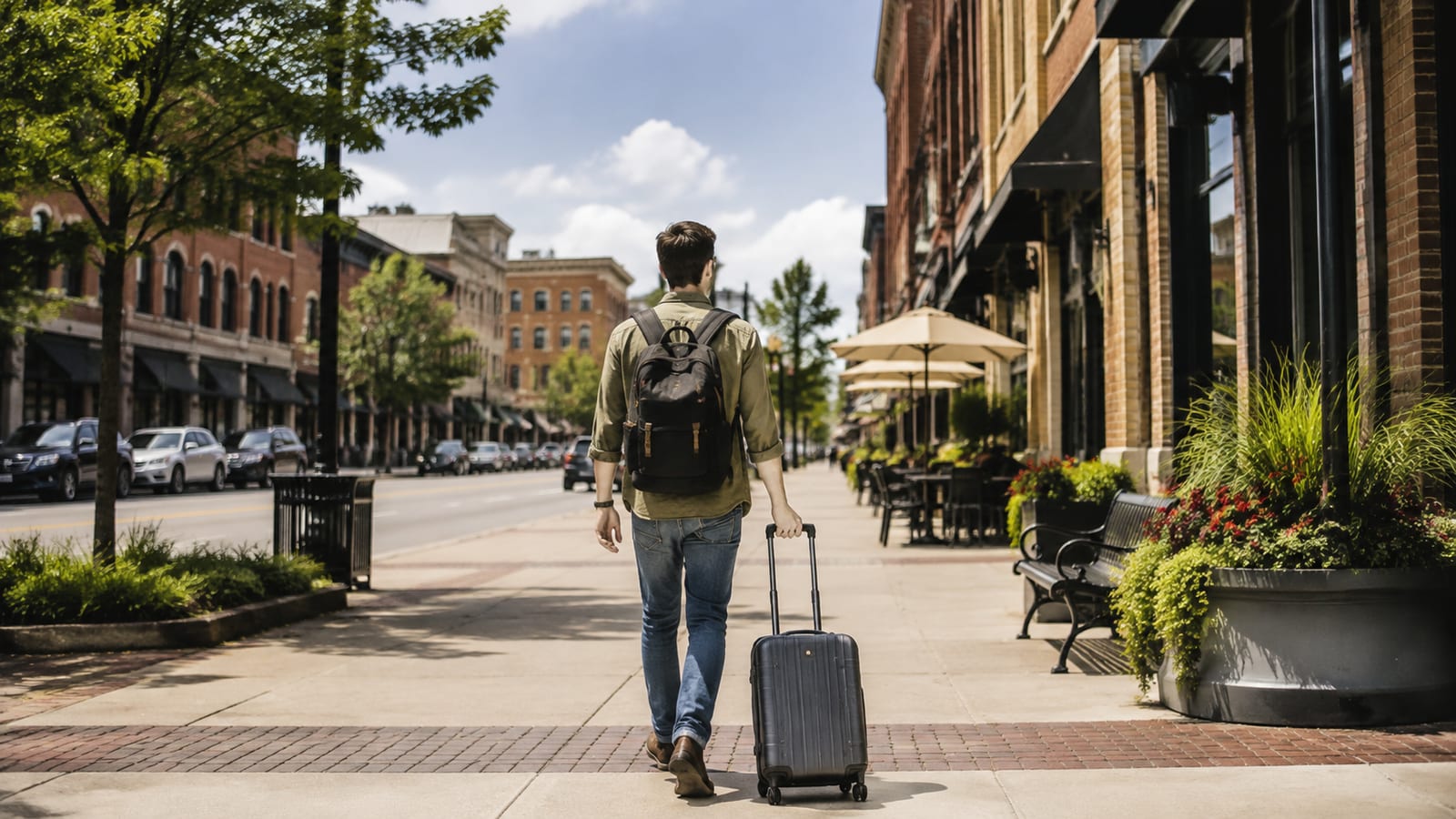 Solo traveler with carry-on walking a lively generic Midwestern downtown street during a weekend getaway