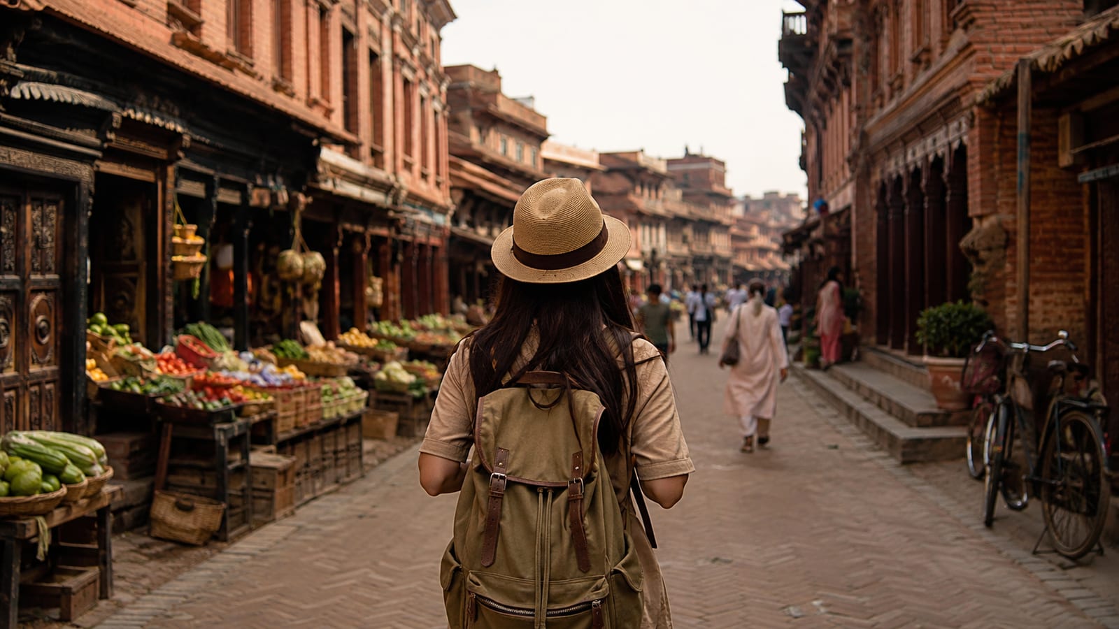 Solo traveler exploring a generic historic market district with brick buildings and colorful produce stalls