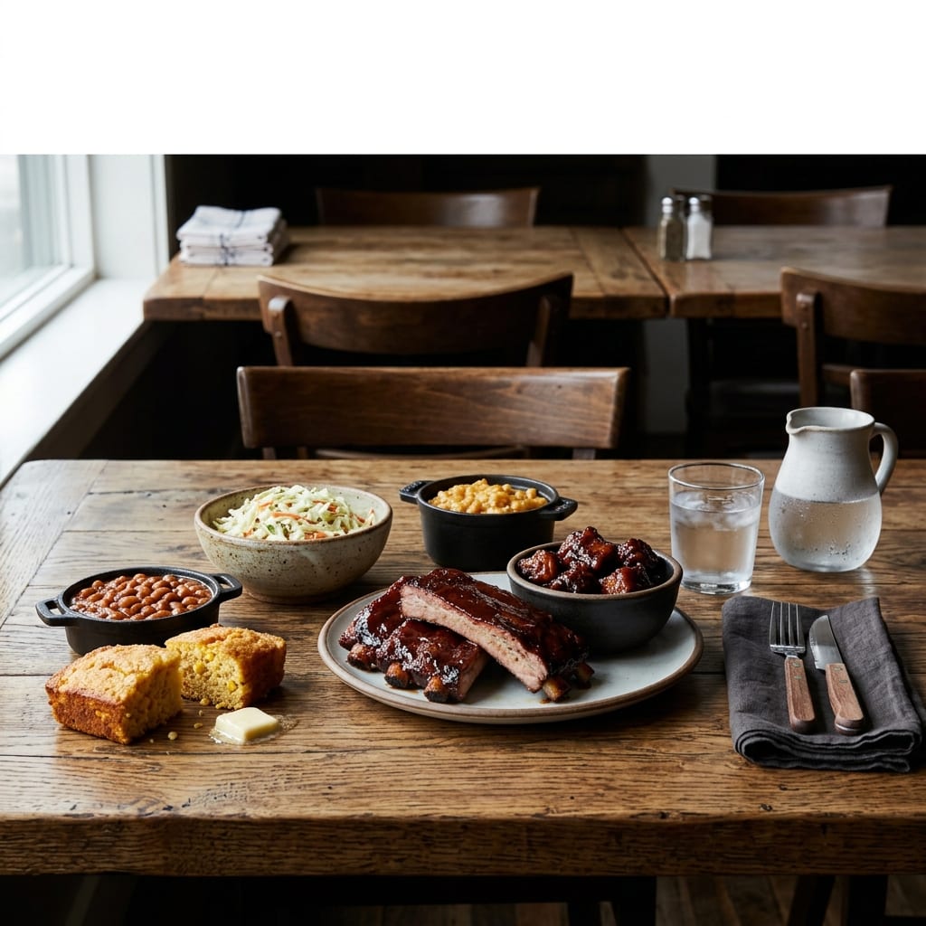 Barbecue sampler with ribs, burnt ends, beans, and slaw on an unmarked restaurant table