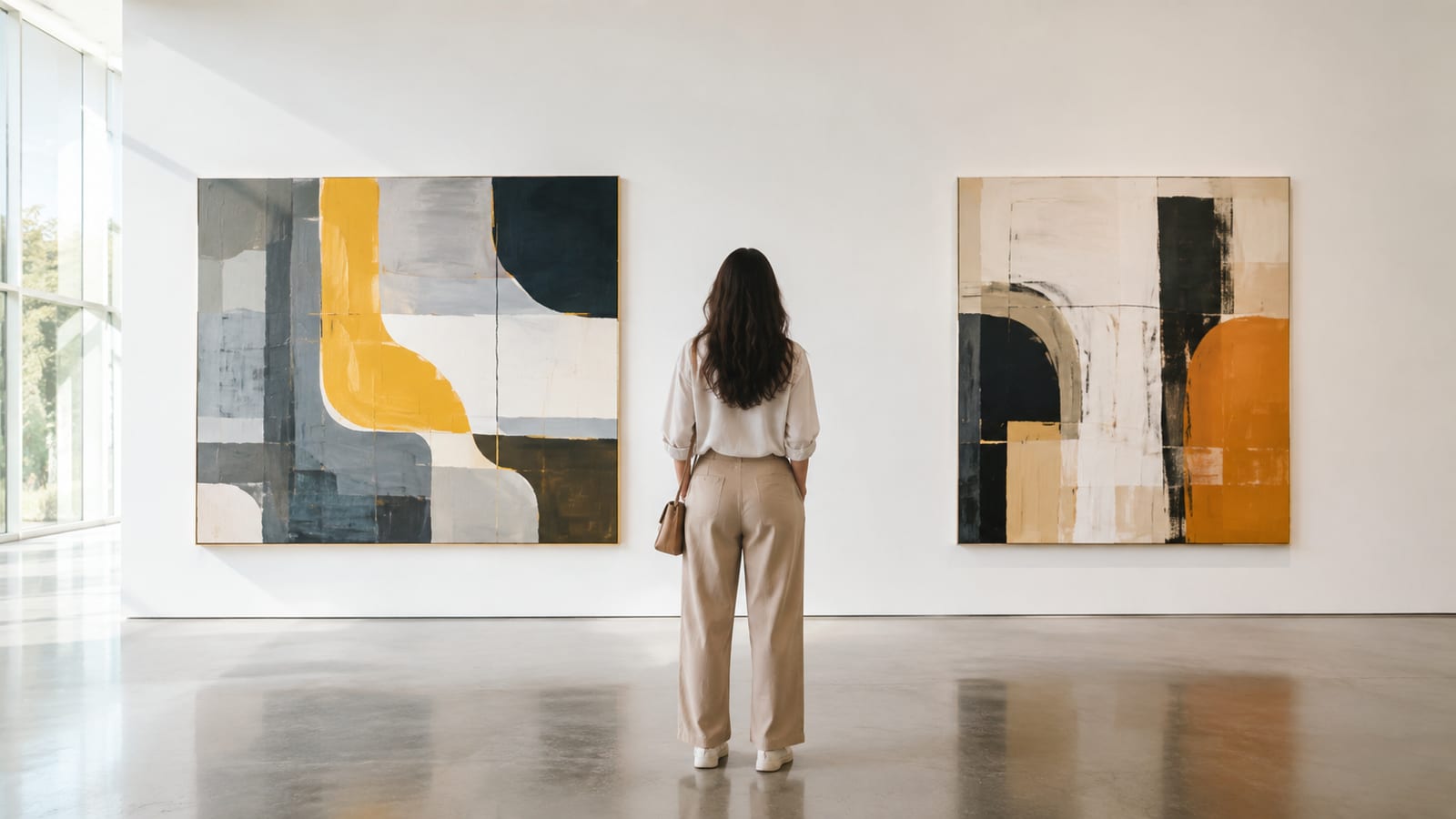 Solo visitor viewing large abstract paintings in a spacious contemporary gallery, seen from behind