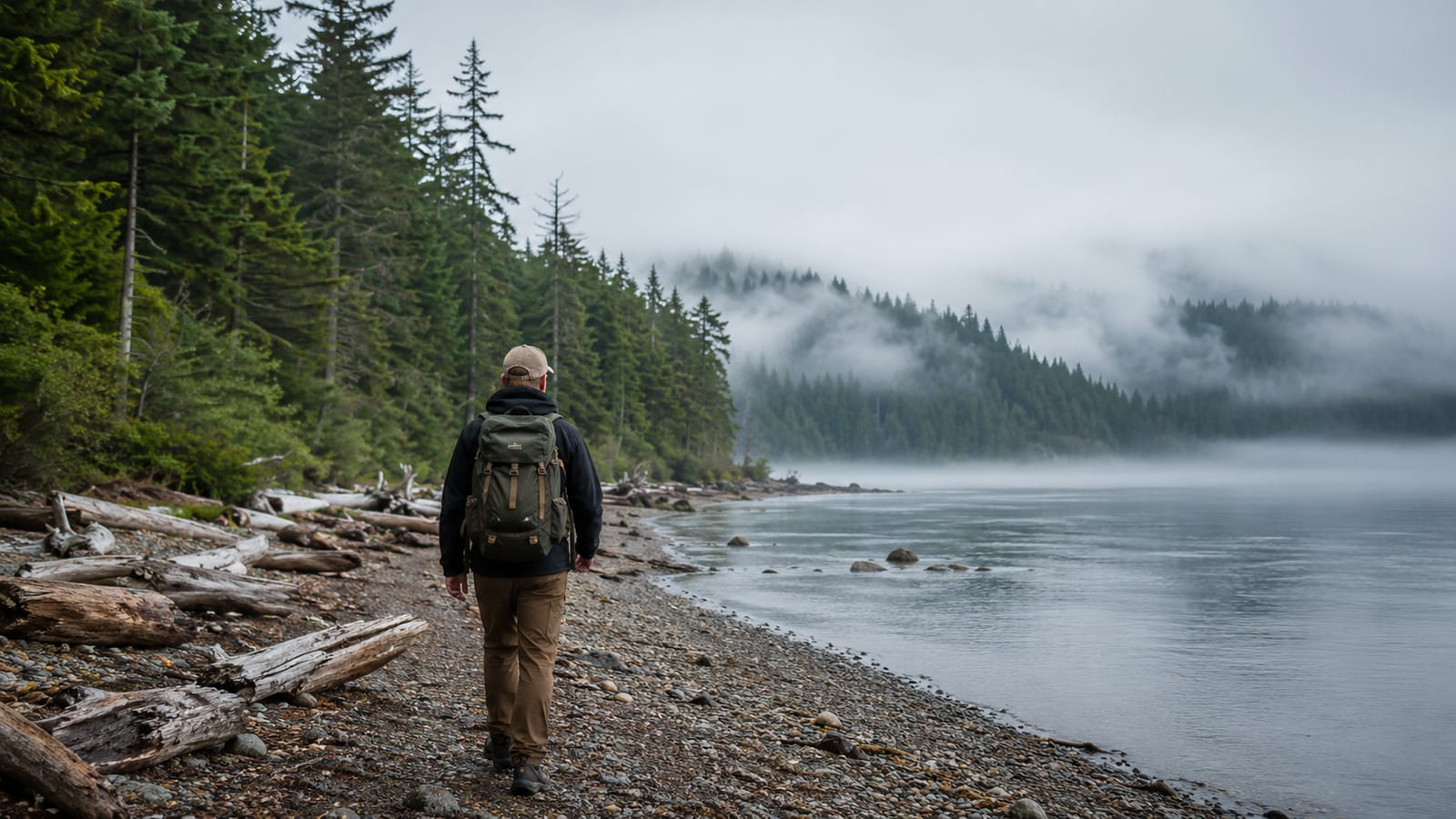 Solo traveler exploring a misty Pacific Northwest peninsula shoreline with compact daypack