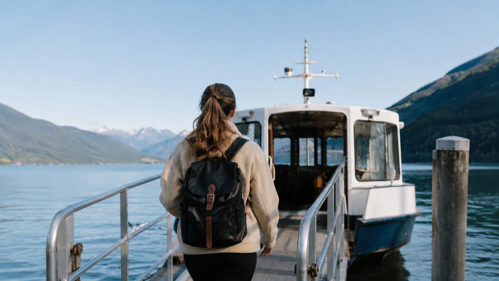 Solo traveler boarding a small ferry with daypack beneath cloudy coastal skies