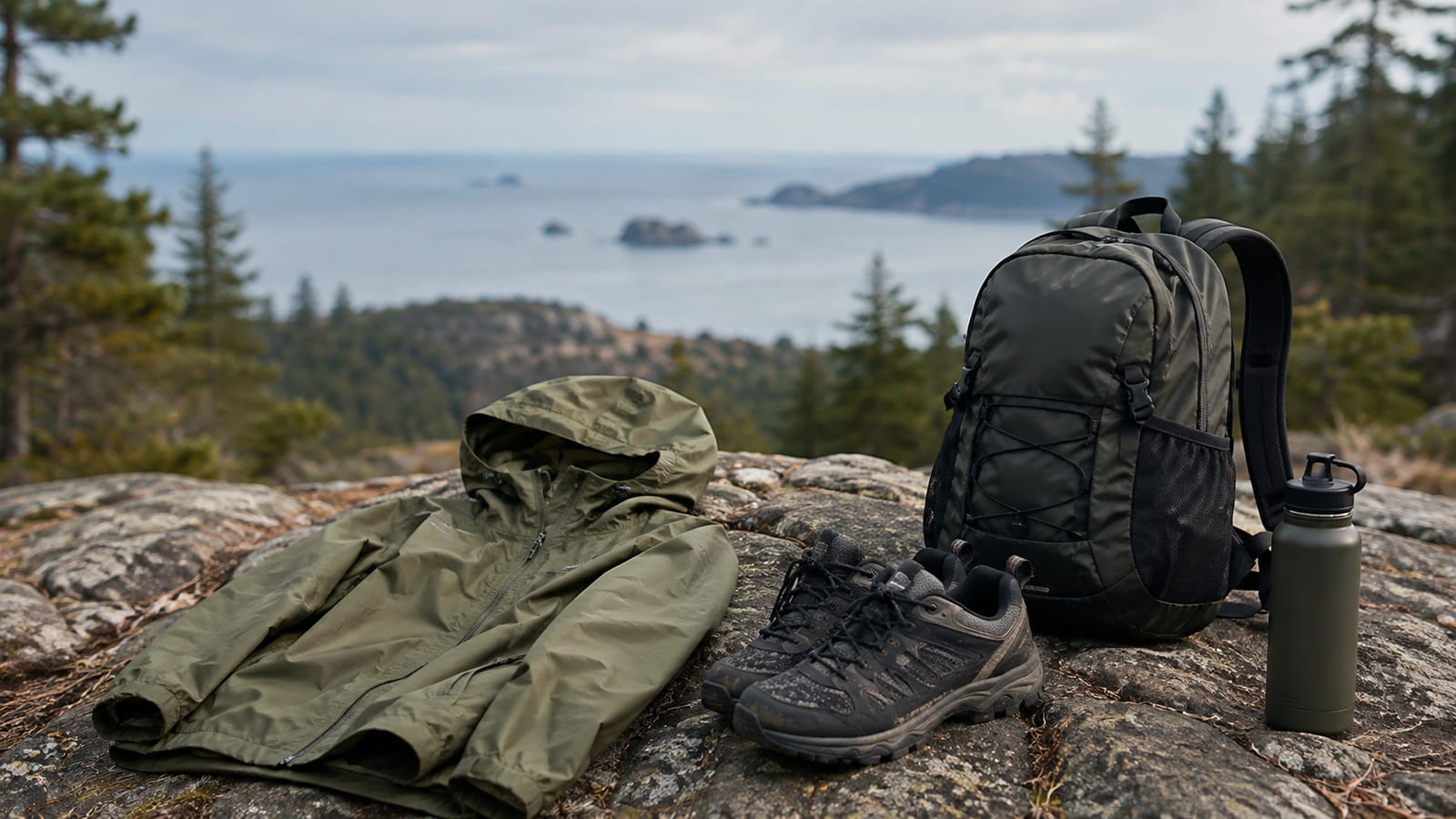 Rain jacket, trail shoes, and daypack resting beside a rocky coastal overlook