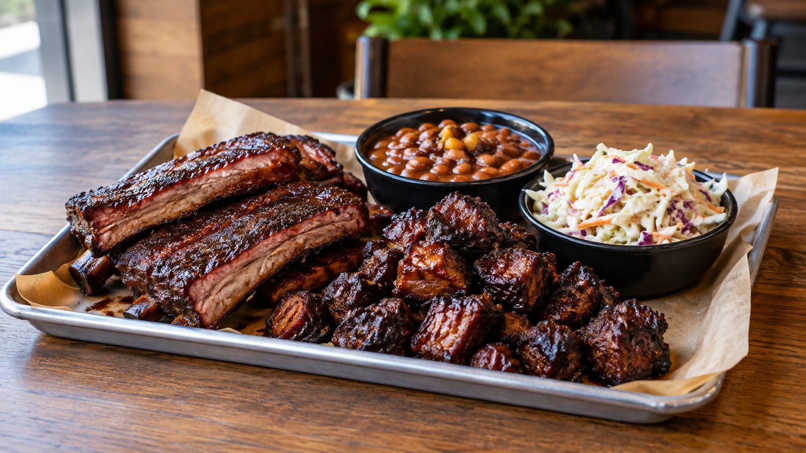 Barbecue sampler with ribs, burnt ends, beans, and slaw on an unmarked restaurant table