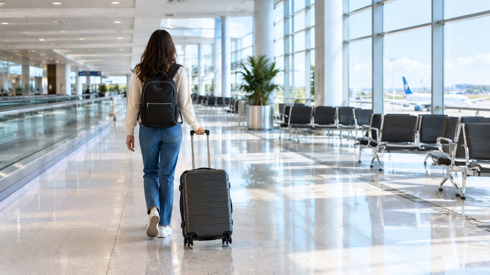 Woman walks through airport terminal pulling black rolling suitcase while carrying backpack