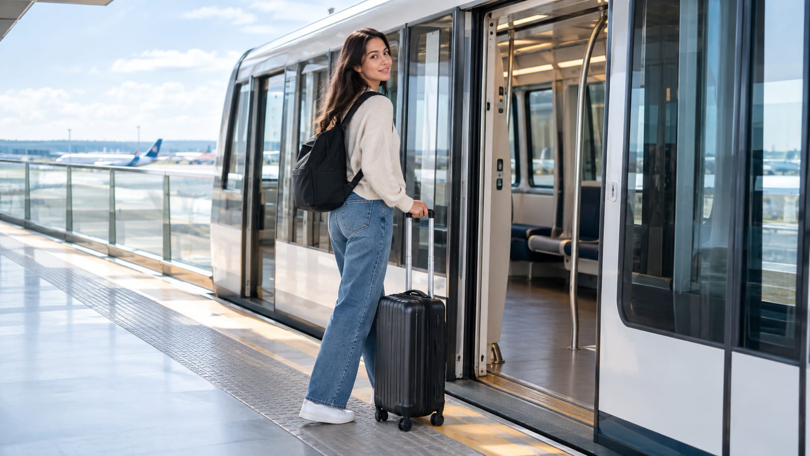 Woman with long dark hair pulls black suitcase on airport train platform with open train doors