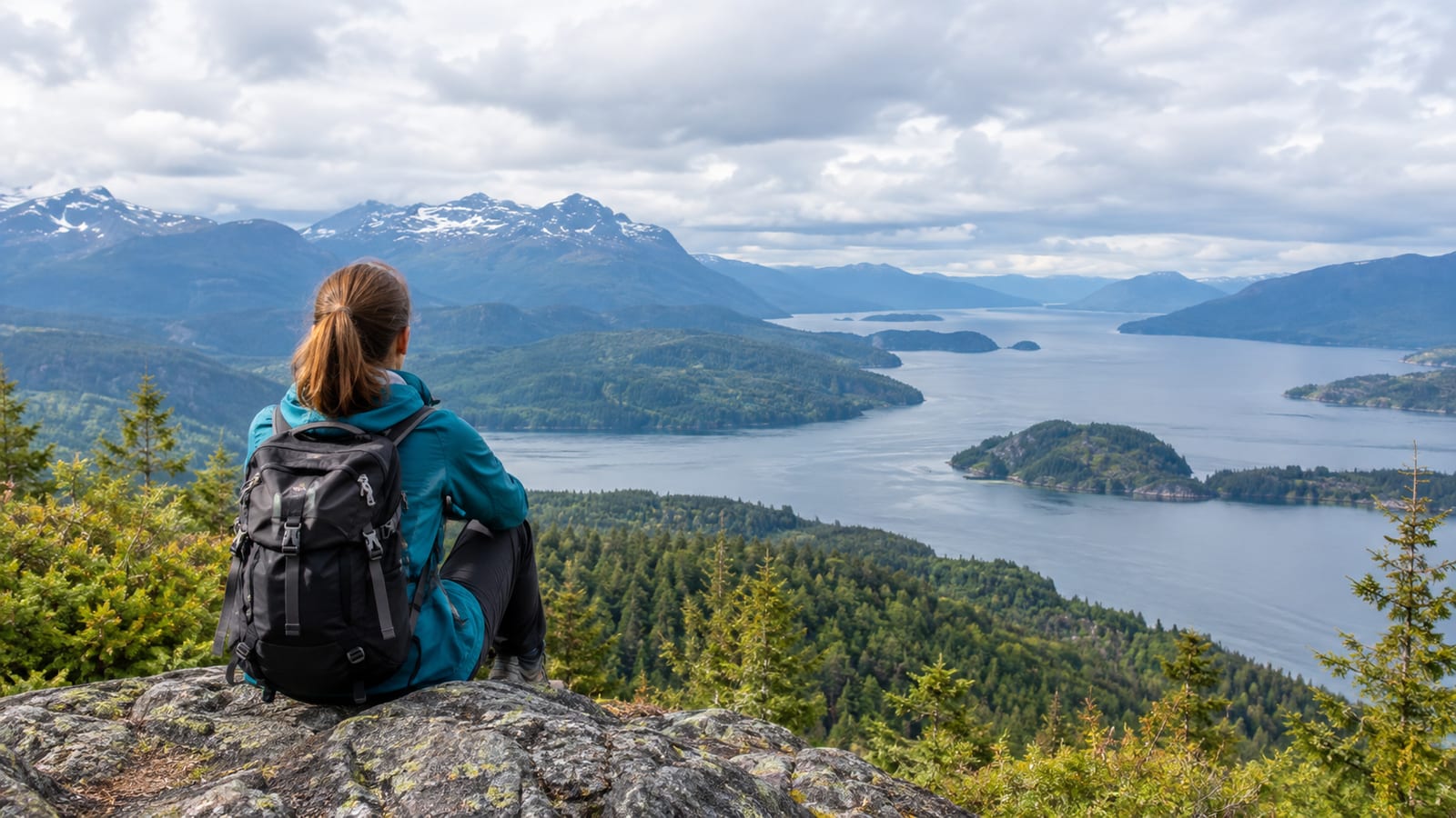 Woman with brown ponytail and black backpack sitting on rock overlooking large lake and mountains