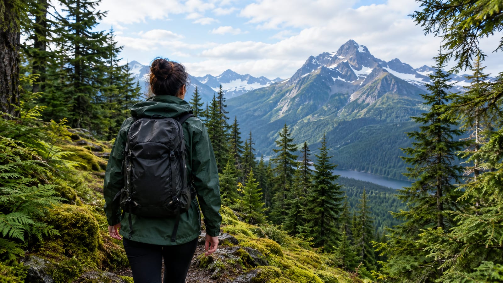 Back view of woman in green jacket and black backpack on trail with mountains and lake