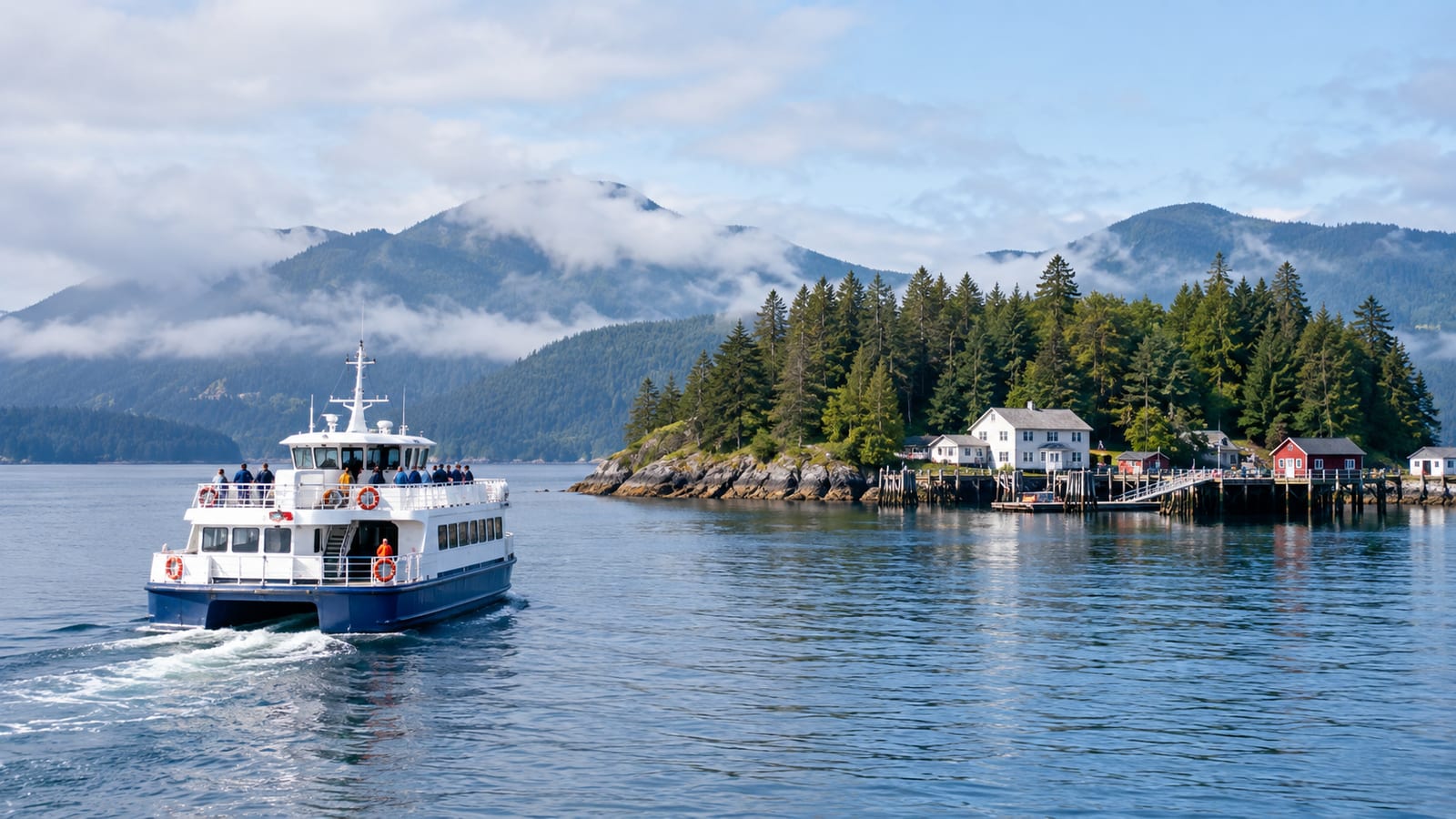 Blue and white ferry with passengers on deck sails past forested island with houses and mountains
