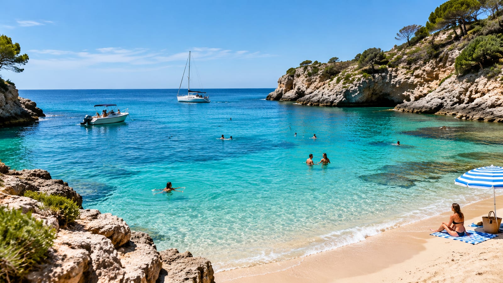 Turquoise cove with moored boats and a sandy beach in Ibiza