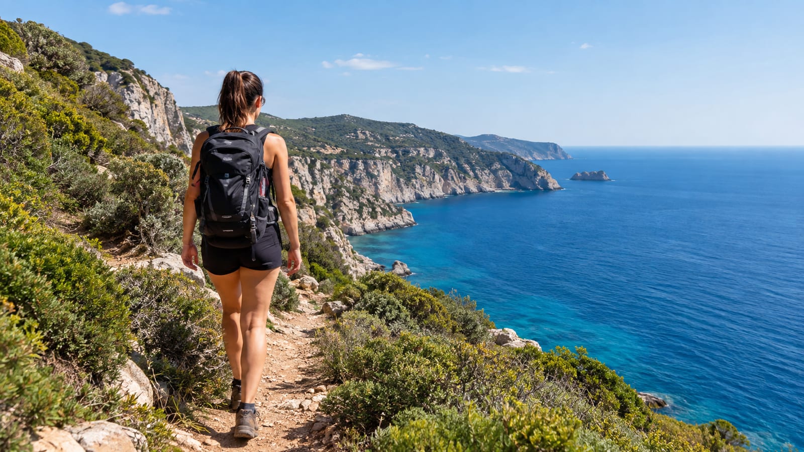 Hiker walking a coastal cliff path above the sea in Ibiza