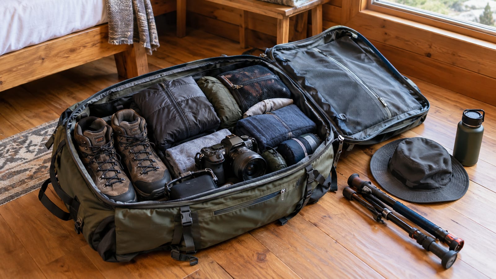 Open green travel bag on wooden floor with boots, camera, clothes, bottle, hat and trekking poles