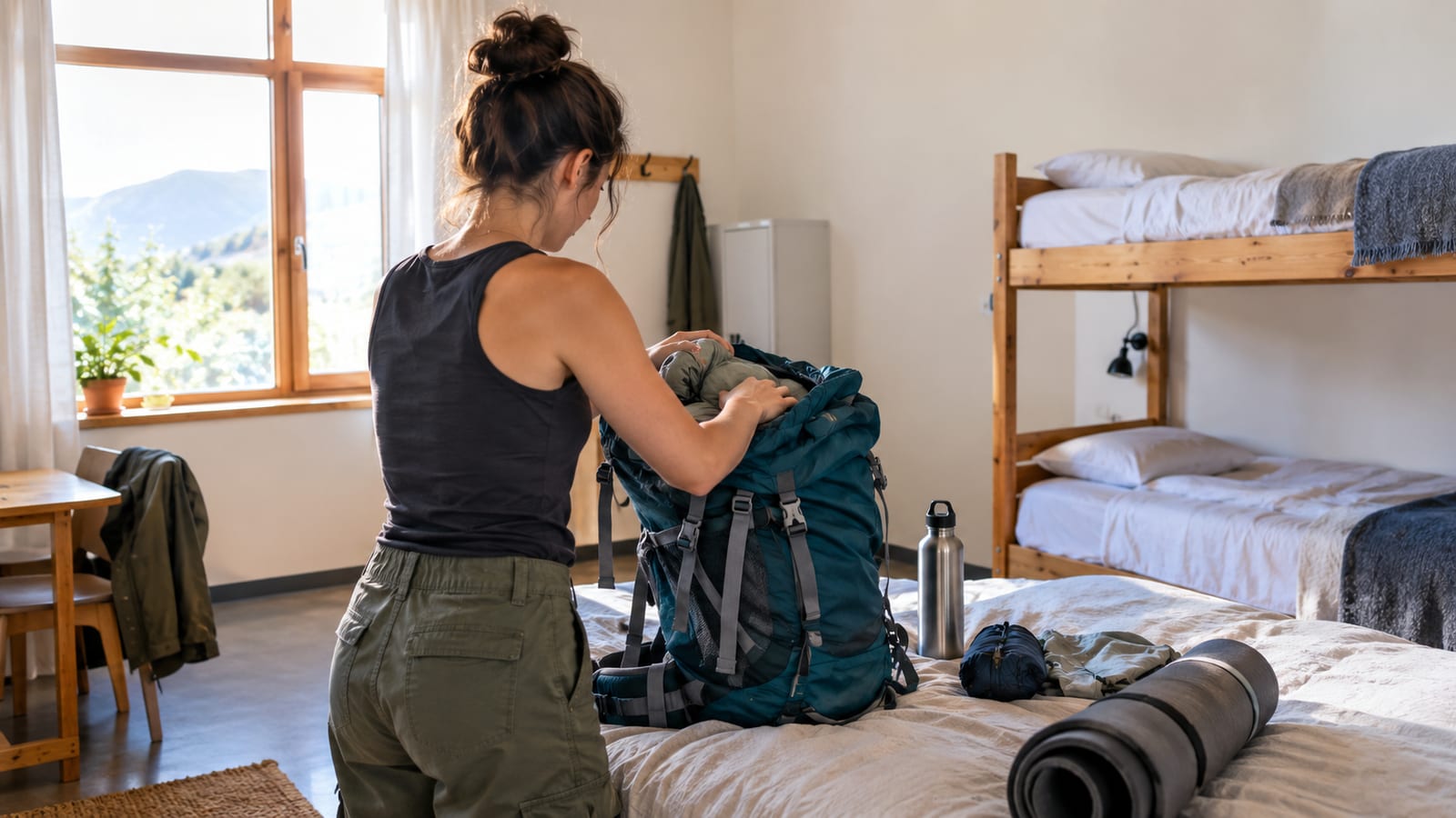 A woman packs a teal backpack on a bed in a bedroom