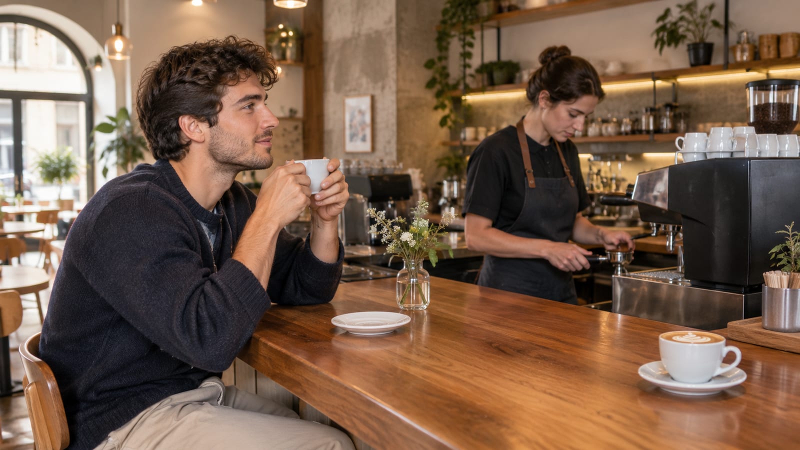 A man sits at a wooden cafe counter drinking coffee while a barista prepares espresso