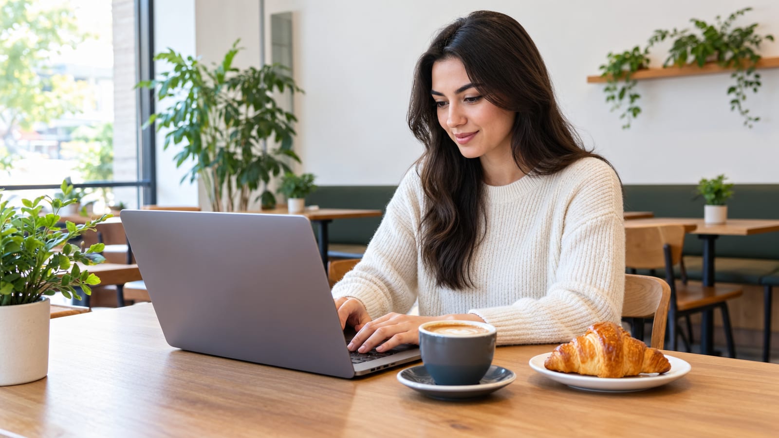 Woman typing on a laptop at a cafe table with coffee and a croissant