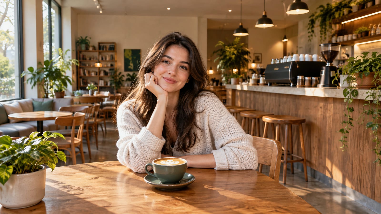 Woman sitting at a wooden table with a cup of latte in a sunlit cafe