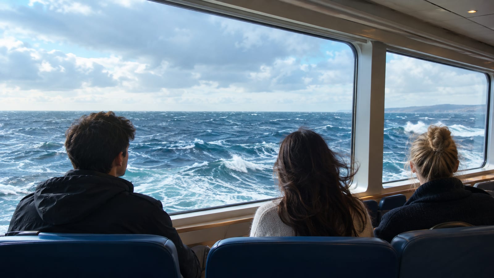 Seated passengers watch rough, white-capped sea through large ferry lounge windows