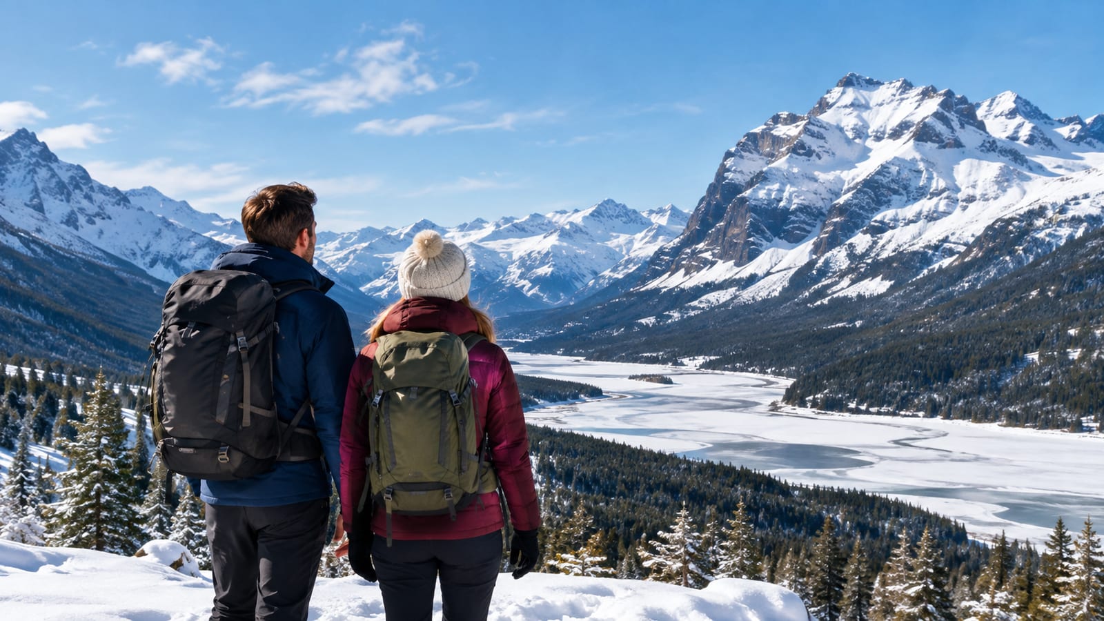 Two hikers with backpacks overlook a snow-covered mountain valley with a frozen lake