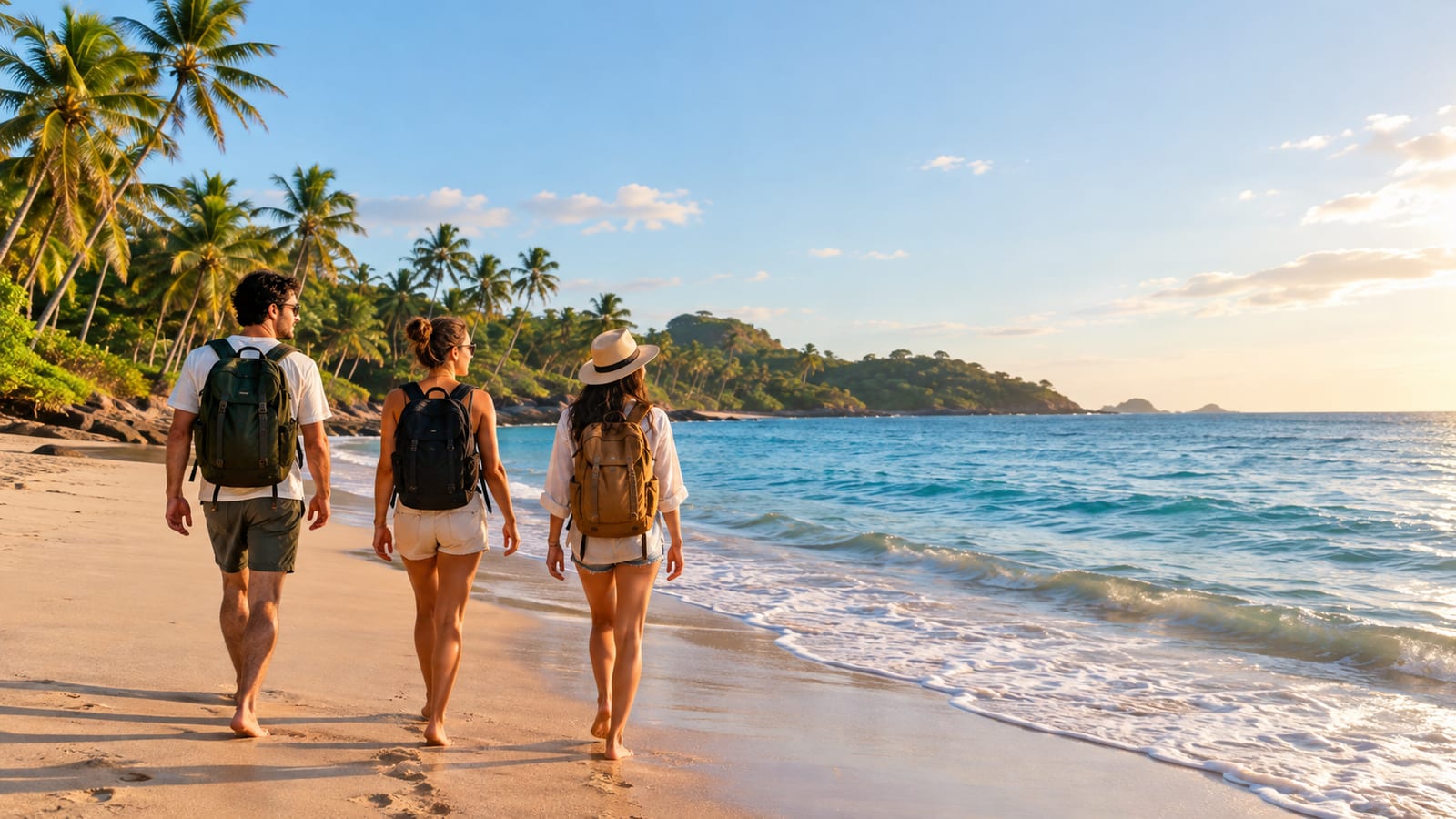 Three travelers with backpacks walking barefoot along a sunny tropical beach lined with palm trees