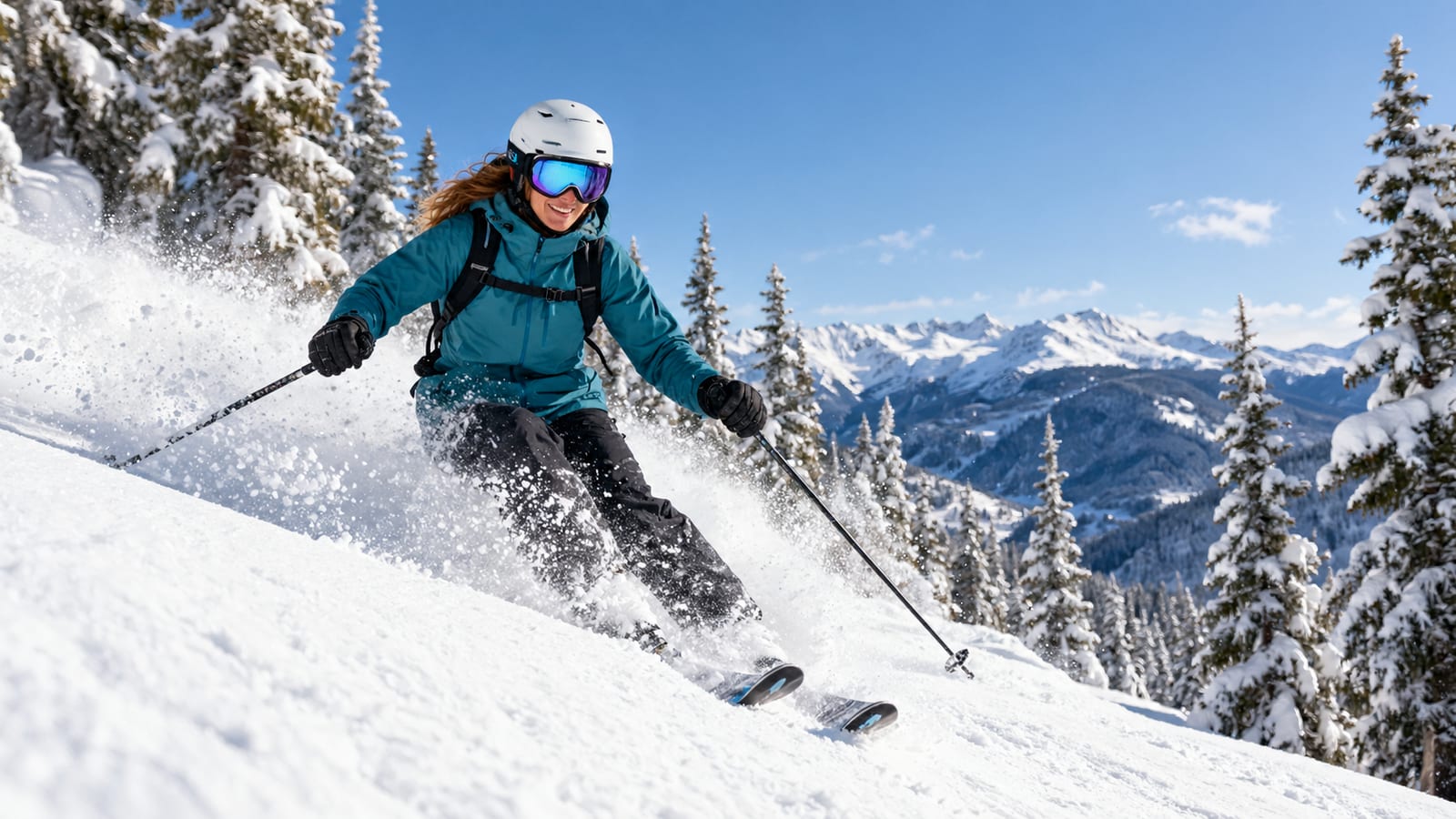 A woman skiing downhill on a snowy mountain slope with pine trees in the background