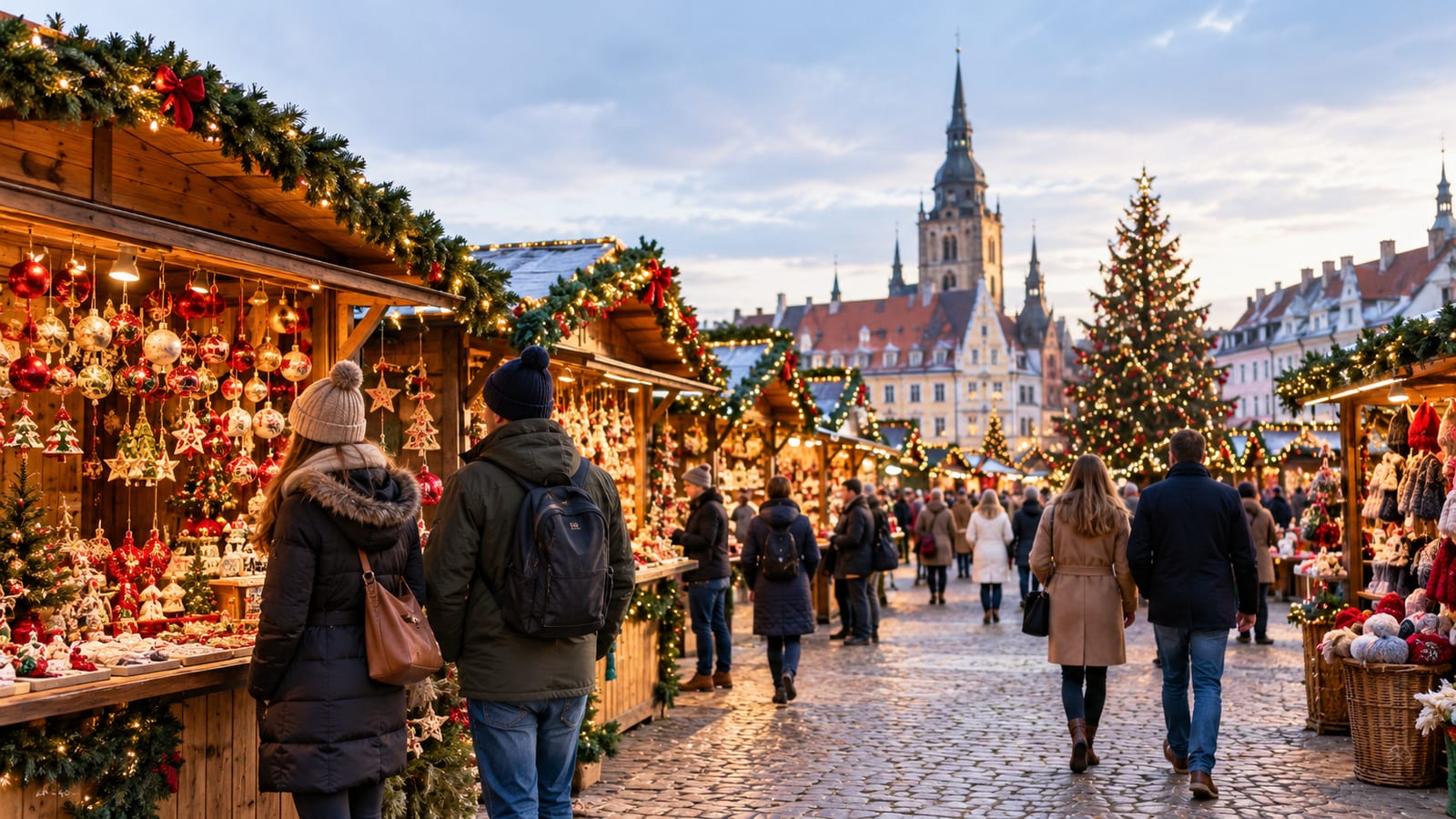 Visitors walking through a cobblestone European Christmas market lined with decorated wooden stalls