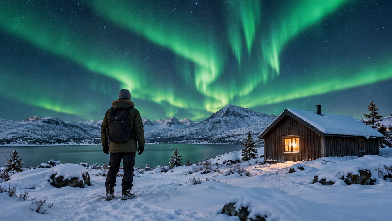 A hiker with a backpack views green northern lights over snowy mountains and a cabin