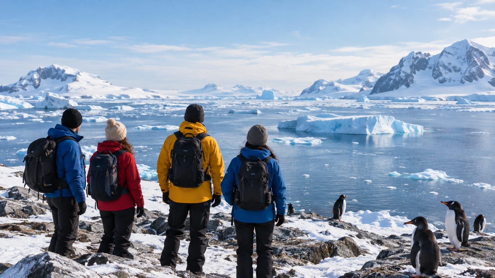 Four tourists in winter gear overlook an icy bay with floating icebergs and penguins