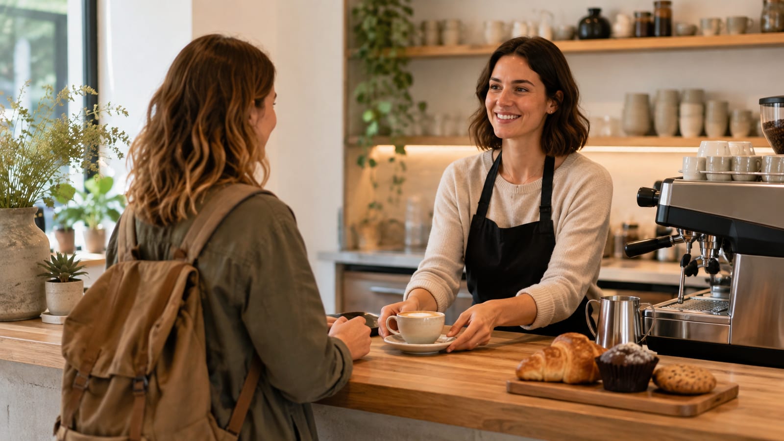A smiling barista serves a cup of coffee to a customer across a café counter
