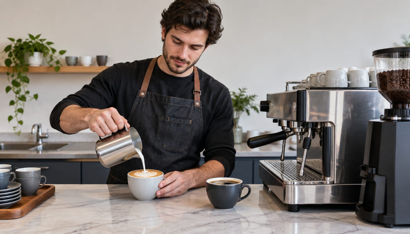 Barista pouring steamed milk into a cup at a cafe counter beside an espresso machine