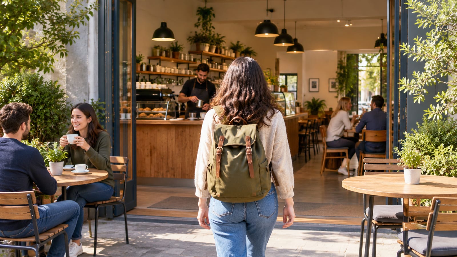 Woman with a backpack walking into a coffee shop toward a barista behind the counter