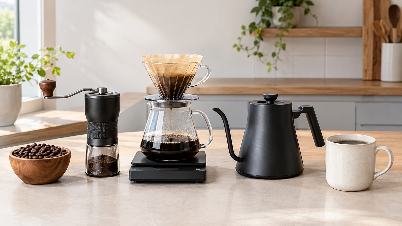Pour-over coffee dripper and carafe beside a kettle, grinder, and mug on a counter