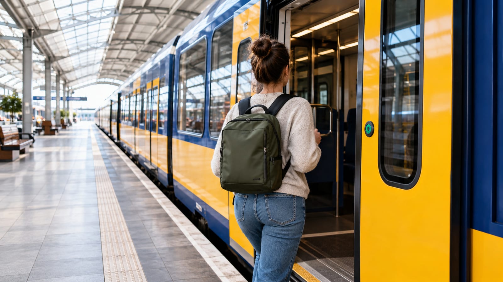 Woman with a green backpack boarding a yellow and blue train at a station platform