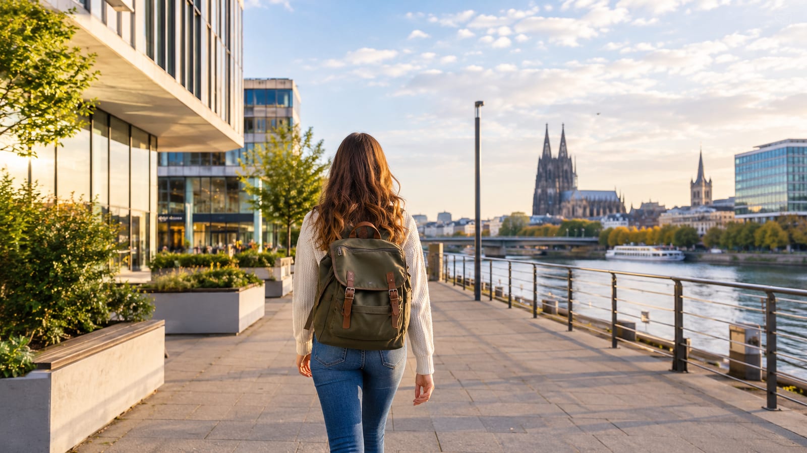 Woman with a backpack walking along a riverside promenade toward Cologne Cathedral