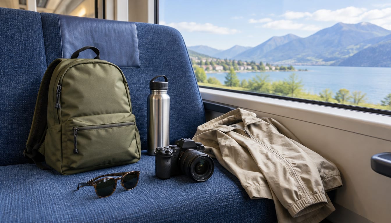 Organized day-trip essentials arranged beside a train window without text-bearing items
