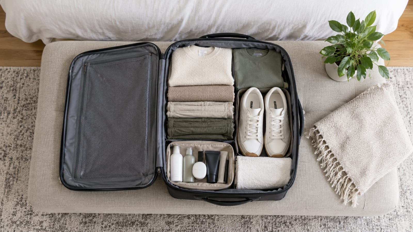 Open under-seat travel bag packed with clothes, shoes, and toiletries on an upholstered bench