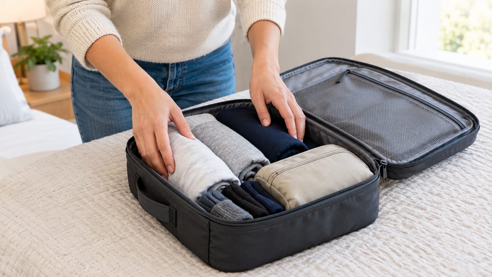 Person packing rolled clothes and a pouch into an open travel bag on a bedA person packing rolled clothes into an open under-seat travel bag on a bed