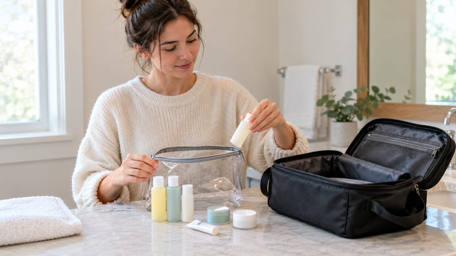 A woman packs small toiletry bottles into a clear pouch beside an open travel bag