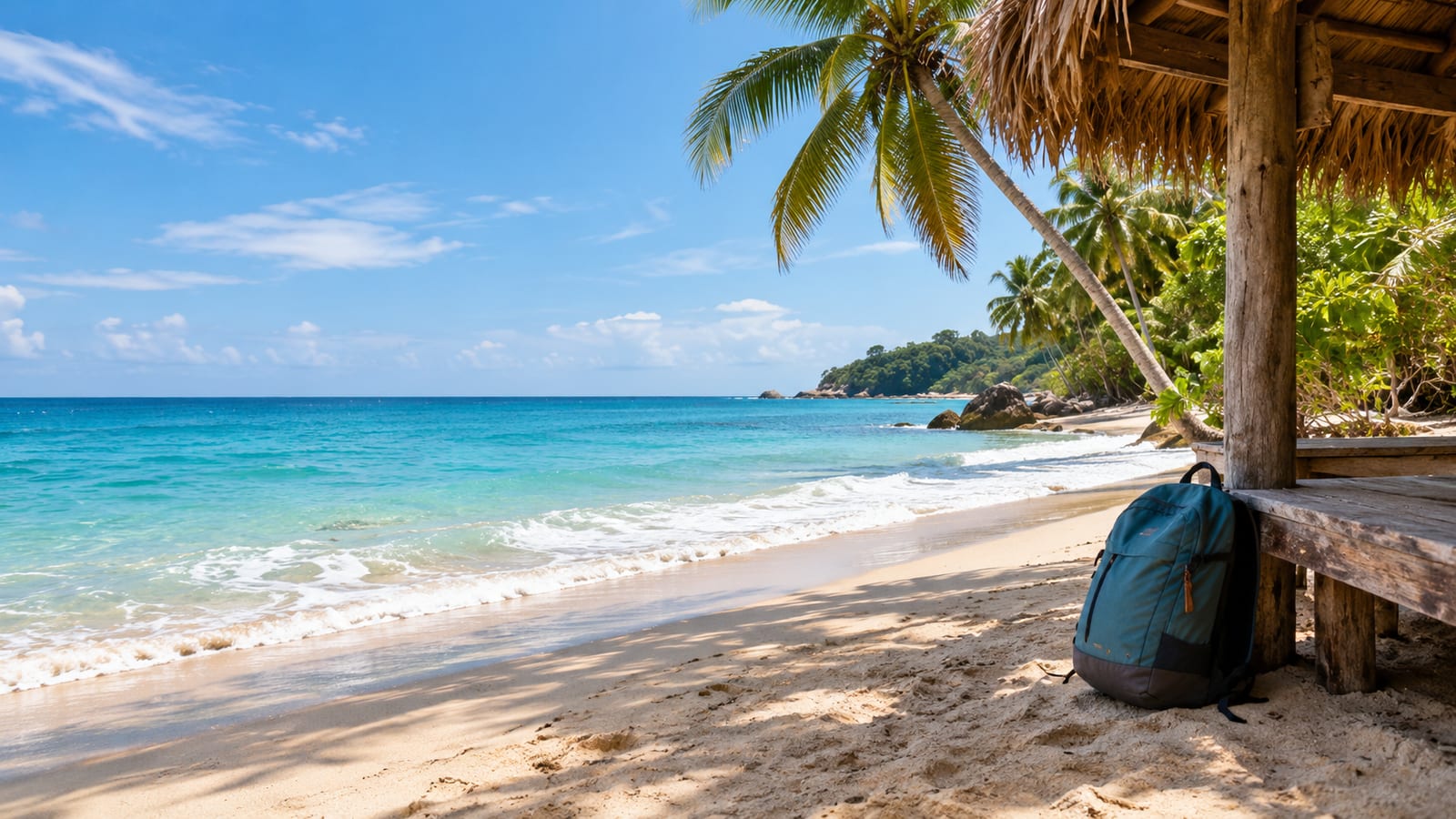 Teal travel backpack resting on a sandy beach beside a thatched wooden hut
